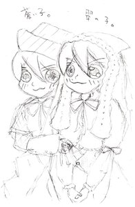 Rating: Safe Score: 0 Tags: 2girls greyscale hat image long_sleeves looking_at_viewer monochrome multiple_girls pair ribbon siblings sisters sketch smile souseiseki suiseiseki white_background User: admin