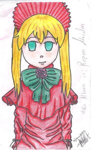 Rating: Safe Score: 0 Tags: 1girl blonde_hair blue_eyes bonnet bow bowtie capelet dated dress flower green_bow green_neckwear image long_hair long_sleeves looking_at_viewer red_dress rose shinku sidelocks signature solo traditional_media User: admin