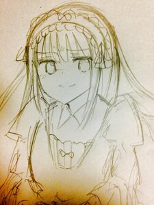 Rating: Safe Score: 0 Tags: 1girl choker closed_mouth dress eyebrows_visible_through_hair hair_ribbon hairband image long_hair looking_at_viewer monochrome ribbon simple_background sketch smile solo suigintou traditional_media upper_body User: admin