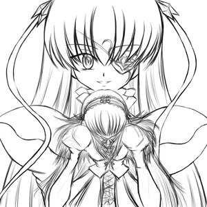 Rating: Safe Score: 0 Tags: 1girl barasuishou dress greyscale hairband image long_hair long_sleeves looking_at_viewer monochrome pair shinku simple_background solo suigintou very_long_hair white_background User: admin