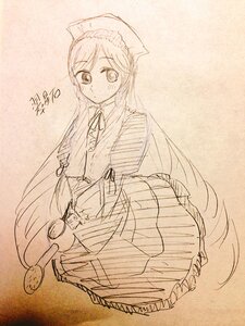 Rating: Safe Score: 0 Tags: 1girl blush dated dress eyebrows_visible_through_hair hat image long_hair long_sleeves looking_at_viewer monochrome photo signature sketch solo suiseiseki traditional_media very_long_hair User: admin