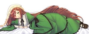 Rating: Safe Score: 0 Tags: 1girl black_ribbon brown_hair dress drill_hair frills full_body green_dress green_eyes hat heterochromia image long_hair long_sleeves looking_at_viewer lying on_side red_eyes ribbon smile solo suiseiseki very_long_hair User: admin