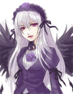 Rating: Safe Score: 0 Tags: 1girl black_wings commentary_request detached_collar dress eguchi_kaimu feathered_wings feathers frills gothic_lolita hairband hat image lolita_fashion long_hair long_sleeves looking_at_viewer lowres pale_skin pink_eyes puffy_sleeves purple_eyes ribbon rozen_maiden silver_hair simple_background solo suigintou upper_body white_background wings User: admin