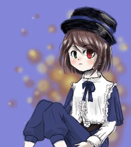 Rating: Safe Score: 0 Tags: 1girl blue_dress blush brown_hair frills green_eyes hat heterochromia image long_sleeves looking_at_viewer pants red_eyes short_hair sitting solo souseiseki User: admin