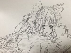 Rating: Safe Score: 0 Tags: 1girl auto_tagged bow graphite_(medium) image long_hair looking_at_viewer monochrome shinku simple_background sketch solo traditional_media upper_body User: admin