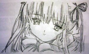 Rating: Safe Score: 0 Tags: 1girl chin_rest closed_mouth face graphite_(medium) hair_ribbon image long_hair looking_at_viewer monochrome ribbon shinku smile solo traditional_media User: admin