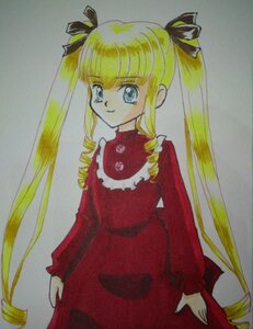 Rating: Safe Score: 0 Tags: 1girl bangs blonde_hair blue_eyes closed_mouth cowboy_shot dress eyebrows_visible_through_hair hair_ribbon image long_hair long_sleeves looking_at_viewer marker_(medium) photo red_dress ribbon shinku sidelocks simple_background smile solo standing traditional_media twintails User: admin