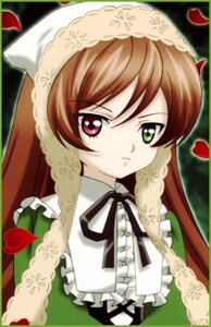 Rating: Safe Score: 0 Tags: 1girl black_ribbon brown_hair dress frills green_eyes hat head_scarf heterochromia image long_hair long_sleeves looking_at_viewer petals red_eyes ribbon solo suiseiseki User: admin