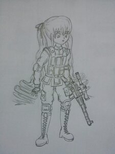 Rating: Safe Score: 0 Tags: 1girl boots fingerless_gloves full_body gloves greyscale gun hair_ribbon image long_hair military military_uniform monochrome ribbon rifle shinku sketch solo standing traditional_media twintails uniform weapon User: admin