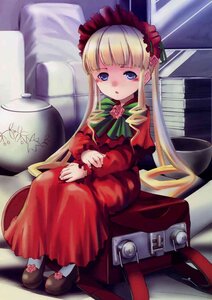 Rating: Safe Score: 0 Tags: 1girl bangs blonde_hair blue_eyes bonnet bow bowtie cup dress flower green_bow image long_hair long_sleeves looking_at_viewer red_dress rose shinku shoes sidelocks sitting solo teacup twintails User: admin