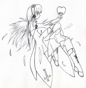 Rating: Safe Score: 0 Tags: 1girl angel_wings boots dress feathered_wings feathers flower greyscale heart image long_hair long_sleeves monochrome solo suigintou wings User: admin