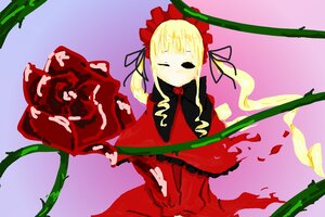 Rating: Safe Score: 0 Tags: 1girl blonde_hair bow dress flower image long_hair long_sleeves rose shinku solo torn_clothes twintails User: admin