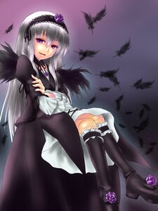 Rating: Safe Score: 0 Tags: 1girl bird black_feathers black_wings boots dress feathers flower frills hairband image knee_boots long_hair long_sleeves looking_at_viewer open_mouth purple_eyes purple_flower purple_rose rose silver_hair sitting smile solo suigintou wings User: admin