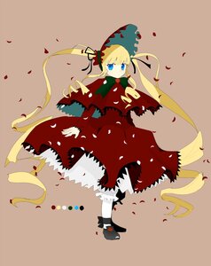 Rating: Safe Score: 0 Tags: 1girl blonde_hair blue_eyes bonnet bow bowtie dress full_body green_bow image long_hair long_sleeves looking_at_viewer petals red_dress rose_petals shinku shoes simple_background solo standing twintails very_long_hair User: admin