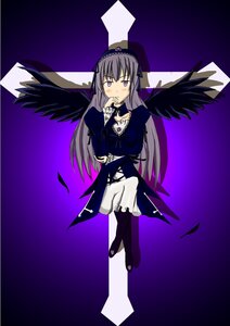 Rating: Safe Score: 0 Tags: 1girl black_wings dress flower hairband hand_to_own_mouth image long_hair long_sleeves looking_at_viewer purple_background purple_eyes silver_hair sitting solo suigintou wings User: admin