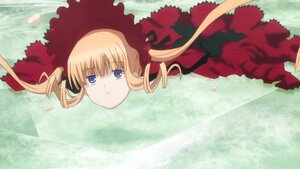 Rating: Safe Score: 0 Tags: 1girl blonde_hair blue_eyes bonnet bow dress drill_hair flower image long_hair looking_at_viewer lying on_stomach petals red_dress shinku solo twintails User: admin