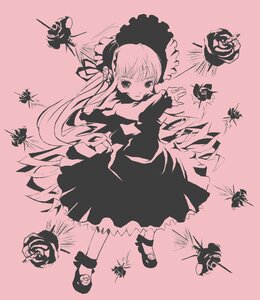 Rating: Safe Score: 0 Tags: 1girl bonnet bug butterfly commentary_request dress flower frills high_contrast image insect long_hair long_sleeves monochrome pink_background pink_theme pota_(nabrinko) rose rozen_maiden shinku simple_background solo standing suigintou wings User: admin