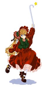 Rating: Safe Score: 0 Tags: 1girl blonde_hair blue_eyes bonnet bow bowtie dress flower frills full_body green_bow image long_hair long_sleeves red_dress shinku shoes solo standing striped white_background User: admin