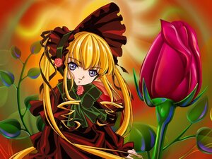 Rating: Safe Score: 0 Tags: 1girl blonde_hair blue_eyes bonnet bow bowtie dress flower green_bow image long_hair long_sleeves looking_at_viewer pink_rose red_capelet red_dress rose shinku sidelocks solo twintails User: admin