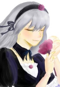 Rating: Safe Score: 0 Tags: 1girl closed_eyes detached_collar dress flower frills hairband holding_flower image lolita_fashion long_hair rose silver_hair smile solo suigintou upper_body wings User: admin