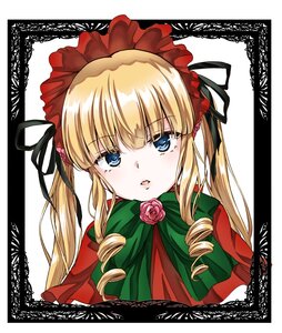 Rating: Safe Score: 0 Tags: 1girl bangs blonde_hair blue_eyes blush bonnet bow bowtie drill_hair eyebrows_visible_through_hair flower green_bow image long_hair looking_at_viewer parted_lips ribbon rose shinku sidelocks simple_background solo twin_drills twintails white_background User: admin