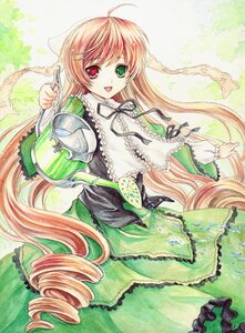 Rating: Safe Score: 0 Tags: 1girl :d ahoge dress drill_hair frills green_dress green_eyes heterochromia image lolita_fashion long_hair long_sleeves open_mouth red_eyes smile solo suiseiseki traditional_media twin_drills very_long_hair watercolor_(medium) watering_can User: admin