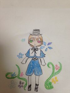 Rating: Safe Score: 0 Tags: blonde_hair capelet dress flower full_body green_eyes hat heterochromia image looking_at_viewer red_eyes short_hair smile solo souseiseki standing traditional_media watercolor_(medium) User: admin