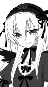 Rating: Safe Score: 0 Tags: 1girl dress flower frills greyscale hairband image lolita_hairband long_hair long_sleeves looking_at_viewer monochrome ribbon rose simple_background smile solo suigintou upper_body white_background User: admin