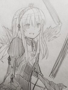 Rating: Safe Score: 0 Tags: 1girl akemi_homura eyebrows_visible_through_hair feathered_wings greyscale hairband image long_hair long_sleeves looking_at_viewer monochrome ribbon simple_background solo suigintou traditional_media wings User: admin