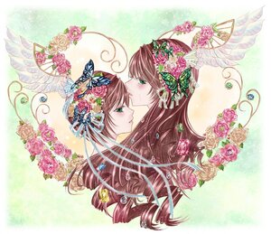 Rating: Safe Score: 0 Tags: 2girls angel_wings brown_hair bug butterfly butterfly_hair_ornament butterfly_wings drill_hair dual_persona flower green_eyes hair_flower hair_ornament image insect long_hair multiple_girls pair pink_flower pink_rose red_rose rose siblings souseiseki suiseiseki twins wings User: admin
