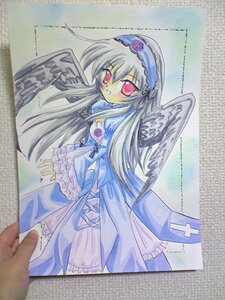 Rating: Safe Score: 0 Tags: 1girl black_wings dress flower frilled_sleeves frills hairband image long_hair long_sleeves looking_at_viewer marker_(medium) photo red_eyes rose simple_background solo suigintou traditional_media wide_sleeves wings User: admin