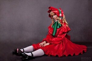 Rating: Safe Score: 0 Tags: 1girl blonde_hair bonnet bow braid closed_eyes dress full_body hat long_hair long_sleeves pantyhose realistic red_dress shinku shoes sitting solo white_legwear User: admin