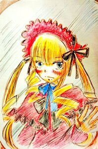 Rating: Safe Score: 0 Tags: 1girl blonde_hair blue_eyes blush bonnet bow bowtie dress drill_hair frills image long_hair long_sleeves looking_at_viewer red_dress shinku simple_background solo traditional_media twin_drills upper_body white_background User: admin