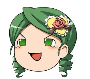 Rating: Safe Score: 0 Tags: 1girl :d blush chibi drill_hair eyebrows_visible_through_hair fang flower green_eyes green_hair hat image kanaria looking_at_viewer open_mouth rose simple_background smile solo white_background User: admin