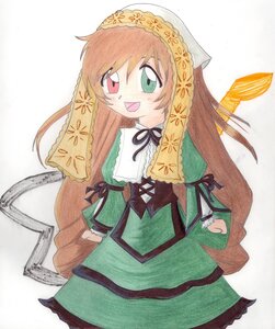 Rating: Safe Score: 0 Tags: 1girl :d black_ribbon brown_hair dress frills green_dress green_eyes heterochromia image long_hair long_sleeves open_mouth red_eyes ribbon simple_background smile solo suiseiseki traditional_media very_long_hair white_background User: admin