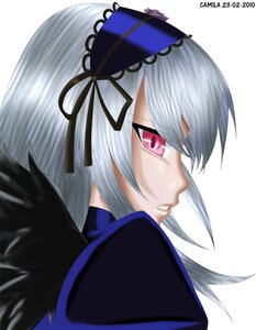 Rating: Safe Score: 0 Tags: 1girl bangs black_wings feathers hat image long_hair looking_at_viewer profile ribbon silver_hair simple_background solo suigintou white_background wings User: admin