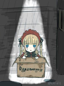 Rating: Safe Score: 0 Tags: 1girl blonde_hair blue_eyes box cardboard_box hair_ribbon image in_box in_container long_hair rain ribbon shinku solo twintails User: admin