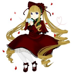 Rating: Safe Score: 0 Tags: 1girl blonde_hair blue_eyes bonnet bow cup dress drill_hair flower image long_hair long_sleeves pantyhose petals rose rose_petals shinku shoes solo striped twin_drills twintails very_long_hair white_legwear User: admin