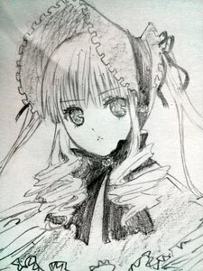 Rating: Safe Score: 0 Tags: 1girl bonnet bowtie drill_hair frills image long_hair looking_at_viewer monochrome shinku signature solo traditional_media User: admin