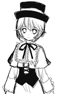 Rating: Safe Score: 0 Tags: 1girl bangs blush capelet closed_mouth eyebrows_visible_through_hair greyscale hair_between_eyes hat image long_sleeves looking_at_viewer monochrome neck_ribbon ribbon short_hair simple_background solo souseiseki white_background User: admin