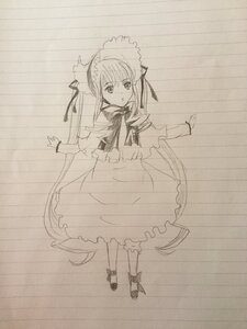 Rating: Safe Score: 0 Tags: 1girl dress frills full_body hat image long_hair long_sleeves looking_at_viewer monochrome ribbon shinku simple_background sketch solo standing User: admin