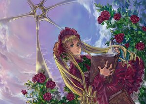 Rating: Safe Score: 0 Tags: 1girl blonde_hair blue_eyes book bow bowtie cloud dress flower image long_hair pink_flower pink_rose purple_rose red_dress red_flower red_rose rose shinku sidelocks sky solo twintails User: admin
