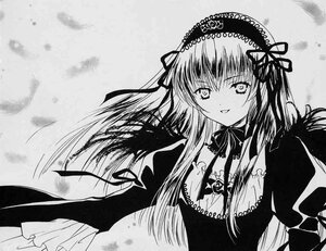 Rating: Safe Score: 0 Tags: 1girl dress greyscale hairband image long_hair long_sleeves looking_at_viewer monochrome ribbon smile solo suigintou upper_body wings User: admin