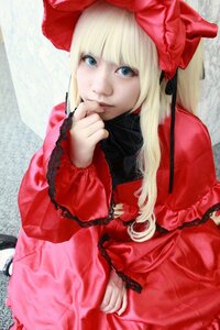 Rating: Safe Score: 0 Tags: 1girl bangs blonde_hair blue_eyes blunt_bangs bow dress frills lips lolita_fashion long_hair long_sleeves looking_at_viewer photo red_dress shinku smile solo User: admin