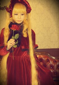 Rating: Safe Score: 0 Tags: 1girl bangs blonde_hair blue_eyes bonnet dress flower long_hair long_sleeves looking_at_viewer red_dress red_flower rose shinku solo User: admin