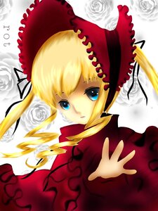 Rating: Safe Score: 0 Tags: 1girl blonde_hair blue_eyes bonnet bow dress drill_hair flower frills image long_hair long_sleeves looking_at_viewer red_dress rose shinku solo twintails white_flower white_rose User: admin