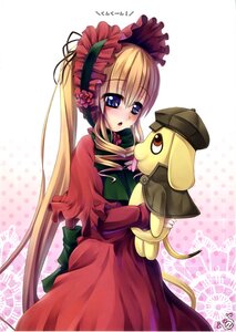 Rating: Safe Score: 0 Tags: 1girl blonde_hair blue_eyes blush bonnet dress image long_hair long_sleeves open_mouth red_dress shinku solo very_long_hair User: admin