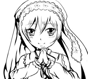 Rating: Safe Score: 0 Tags: 1girl blush frills greyscale hairband image lineart long_hair long_sleeves looking_at_viewer monochrome simple_background smile solo suiseiseki upper_body white_background User: admin