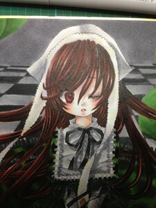 Rating: Safe Score: 0 Tags: 1girl argyle argyle_background black_ribbon brown_hair checkered checkered_background checkered_floor dress frills image long_hair looking_at_viewer marker_(medium) one_eye_closed red_eyes ribbon solo suiseiseki tile_floor tiles traditional_media User: admin