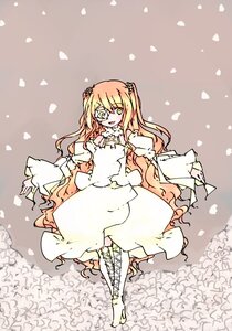 Rating: Safe Score: 0 Tags: 1girl blonde_hair boots cross-laced_footwear dress flower image kirakishou lace-up_boots long_hair long_sleeves petals smile solo two_side_up white_dress wide_sleeves yellow_eyes User: admin